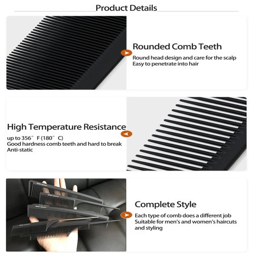 CestoMen 9pcs Carbon Fiber Stylist Combs Set, Anti Static Hair Cutting Comb Salon Styling Hairdressing Carbon Combs Rat Tail Comb for All Hair - Black