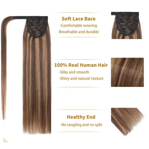 SEGO Ponytail Extension Human Hair 100% Real Human Hair Clip In Wrap Around Long Straight Ponytail With Magic Paste Pony Hairpieces for Women -20 Inch 95g 4P27 Medium Brown&Dark Blonde