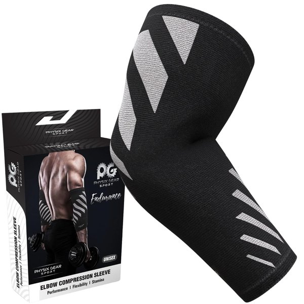 Physix Gear Workout Elbow Sleeves - Elbow Sleeves Compression for Weightlifting, Tendonitis, Bursitis, Compression Sleeves Elbow Support for Men & Women - Elbow Sleeve for Lifting, Grey/Black, M