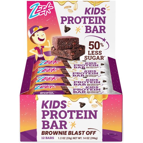 ZEEK BAR - Kids Protein Bars - 50% Less Sugar, 8g Protein - All Natural, Non-GMO, Gluten Free - Brownie Blast Off, 12 Count