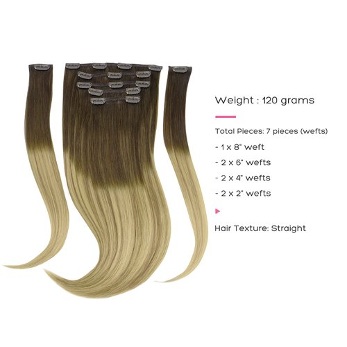Marat Hair Extensions Clip in Human Hair, Walnut Brown to Ash Brown and Bleach Blonde Clip in Hair Extensions 16 inch 120g Straight Clip in Hair Extensions Human Hair
