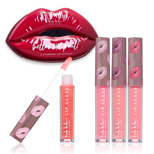 Nicole Miller 'Better Not Pout!' Lip Gloss Set - 4 Stunning Red Shades | 2.5ml Each | Comes in a Tin Box | High-Shine Finish | Great Holiday Present