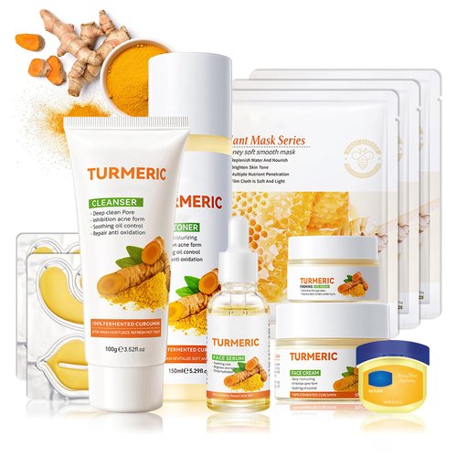 Turmeric Skincare Set, Skin Care Set with Turmeric Face Wash, Eye Cream, Toner, Face Cream, Face Serum, Moisturizing Tinted Lip Balm Set with 3 Honey Face Masks, Under Eye Patches and Lip Mask（11PCS）
