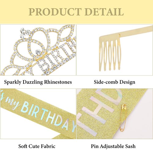 CAVETEE Birthday Crowns for Women Its My Birthday Sash and Crown for Women Birthday Crown Adult Woman Set Birthday Decorations for Party Birthday Gifts (Gold)