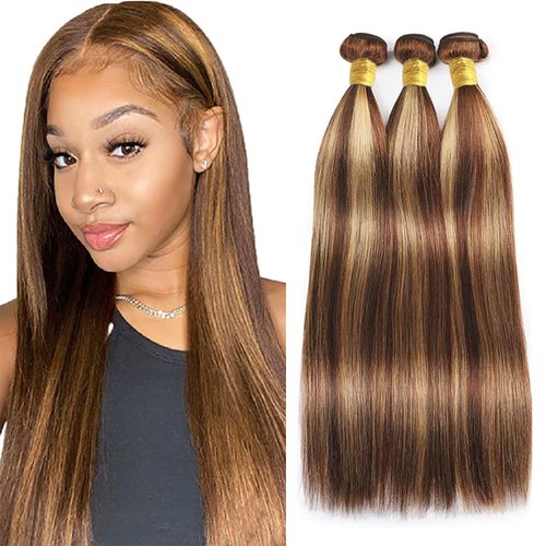 P4/27 Highlight Human Hair Bundles Straight Bundles Human Hair 14 16 18Inch Human Hair Straight Human Hair Bundles Ombre Brown Bundles Human Hair Double Weft Hair Extensions (P4/27-ST-14 6 18)