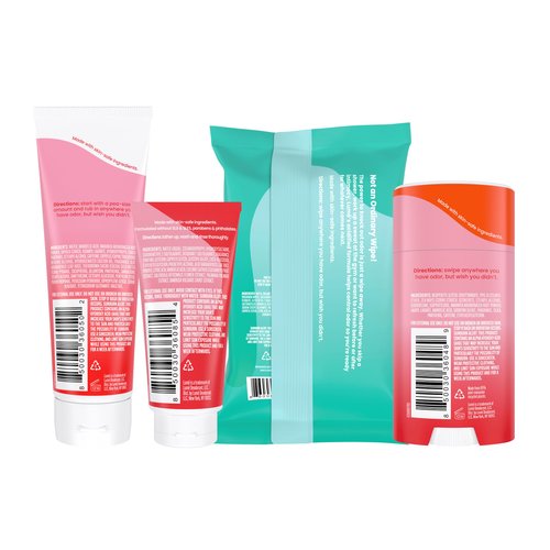 Lume Skin Care Gift Set for Women, Whole Body Deodorant Starter Pack - Smooth Solid Stick, Invisible Cream Tube, Acidified Body Wash Mini & Deodorant Wipes - Aluminum Free Odor Control (Peony Rose)