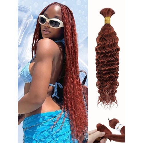350 Braiding Hair 1 Bundle 50g 16 Inch Deep Water Wave Bulk Human Hair for Braiding 12A Brazilian Virgin Copper Curly Human Hair Extensions for Boho Braids Wet and Wavy Dark Ginger Braiding Hair