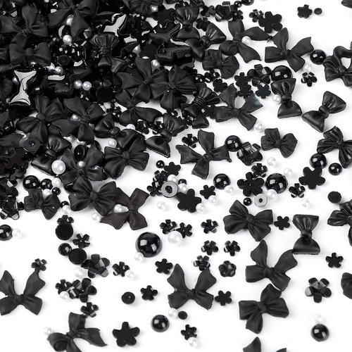 COOSLIM 120 PCS Bow Nail Charm Black 3D Bows Nail Charm Black Bowknot with Gems and Flower Nail Charm for Acrylic Nails Decoration for Nail Art Crafts (Black Bow)