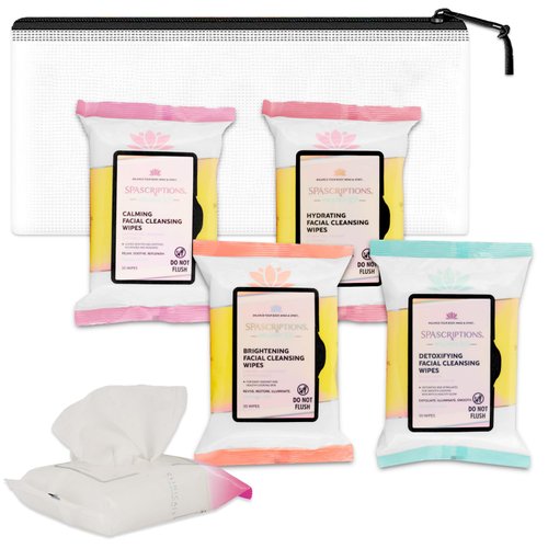 Makeup Cleansing Wipes Variety 4 Pack - Bundle with 120 Total Count Makeup Remover Wipes Plus Mini Travel Bag | Brightening, Hydrating, Detoxifying, Calming Wipes