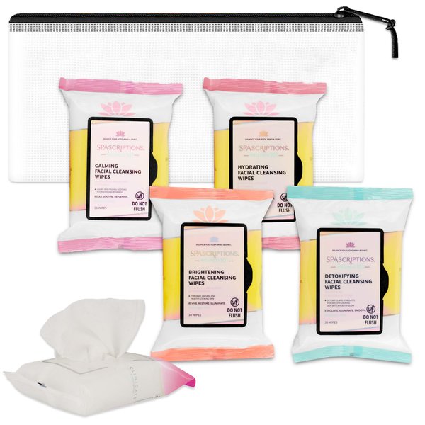 Makeup Cleansing Wipes Variety 4 Pack - Bundle with 120 Total Count Makeup Remover Wipes Plus Mini Travel Bag | Brightening, Hydrating, Detoxifying, Calming Wipes