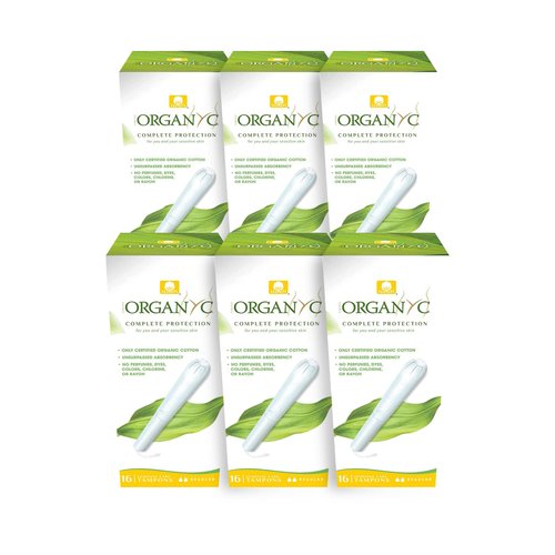 Organyc - 100% Certified Organic Cotton Tampons - Cardboard Applicator, Free from Chlorine, Perfumes, Rayon, and Chemicals, Regular Flow, 16 Count (Pack of 6).