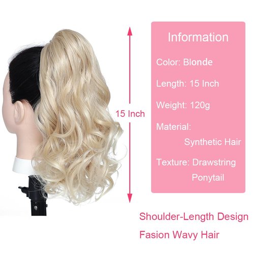 BETHANY Ponytail Extension,15 Inch Drawstring Ponytail Hair Extensions Short Wavy Fake Pony Tail Synthetic Hair Pieces for Women (Blonde)