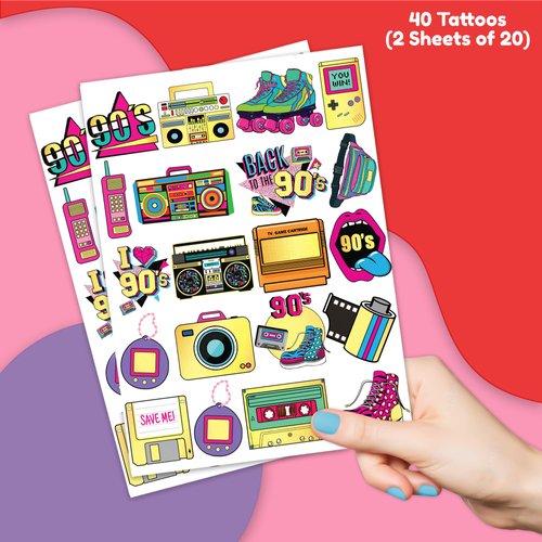 90s 80s Glitter Temporary Tattoos Themed 40PCS Birthday Party Decorations Favors Supplies Decor Retro Skate Tattoo Stickers Gifts for Kids Children Girl Boys Adults School Rewards Home Activity Prizes