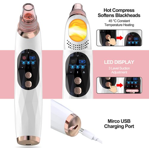 Blackhead Remover Pore Vacuum with Hot Compress- 2024 Upgraded Electric Face Cleaner Pore Extractor Pimple Extractor Acne White Heads Removal Tool with 5 Suction Head LCD Screen and Base