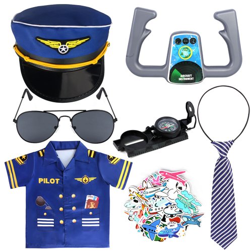 Kyson 7 Pcs Kids Pilot Costume Airline Captain Aviation Costume Dress up Accessories for Halloween Career Day Pretend Play (Set C)