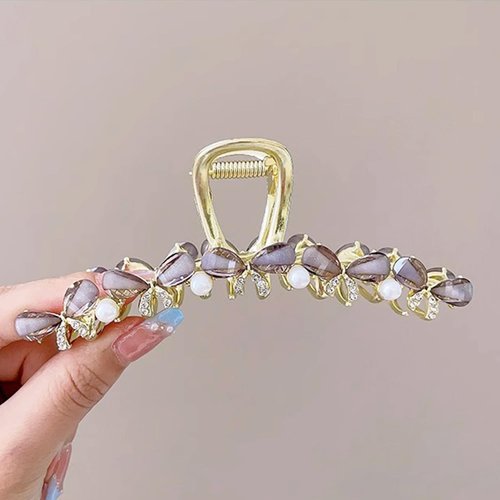 Bows Hair Clips Gold Metal Hair Accessories for Women Girls Sweet Dark Grey Bows Pearls Hair Claw Clips Shiny Gems Hairpins Strong Hold Nonslip Hair Clip for Thick or Thin Hair Decoration 1 Pcs