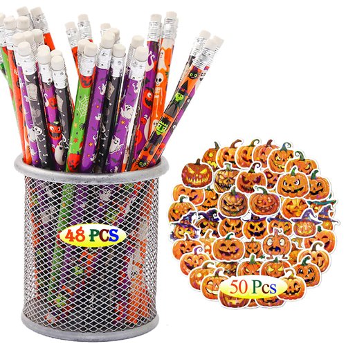 CNSTAR Happy Halloween Day Pencils for Kids Party Supplies Favors - 48PCS Pencils+50PCS Pumpkin Sticker Ghost Wizard Pumpkin Pencils Halloween Stationery Pencil Party Favors Decorations Favors
