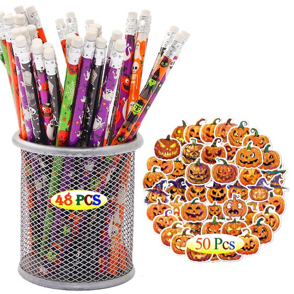 CNSTAR Happy Halloween Day Pencils for Kids Party Supplies Favors - 48PCS Pencils+50PCS Pumpkin Sticker Ghost Wizard Pumpkin Pencils Halloween Stationery Pencil Party Favors Decorations Favors