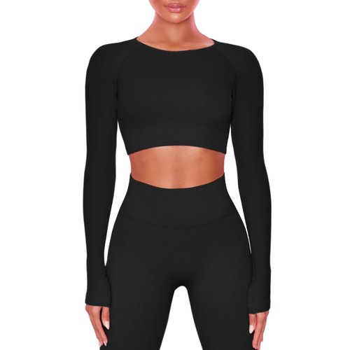 Buttergene Women Workout Sets 2 Pieces Long Sleeve Yoga Outfits Gym Clothes Seamless Ribbed Crop Top High Waist Leggings