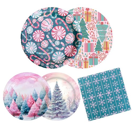 Suthnn 120 Pcs Christmas Paper Plates, Pink Merry Christmas Party Tableware Plates Xmas Pastel Christmas Paper Plates Cute Christmas Dessert Plates Holiday Plates for Winter Christmas New Year Party