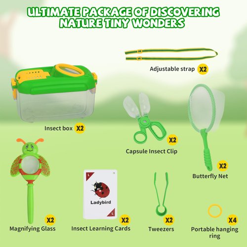 QuadPro Bug Catcher for Kids - 2 Sets - Outdoor Explorer Set with Butterfly Net, Tweezers, Bug Clamp, Magnifying Glass & Entomology Learning Cards - Perfect Bug Catching Kit for Kids Age 3 4 5 6 7 8