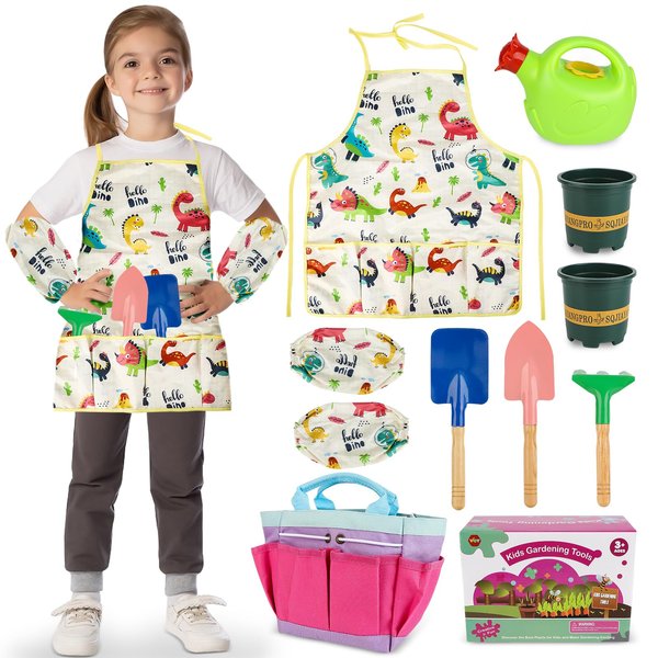 Gardening Tool Set for Kids, Garden Tools Kit with Tote Bag, Watering Can, Apron, Shovel, Rake, Flowerpot and Arm Sleeves Covers for Toddlers, Outdoor Backyard Farm Digging Toys for Boys and Girls