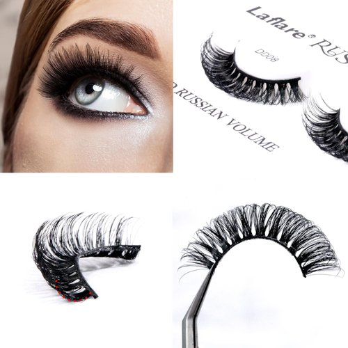 Laflare 3D False Eyelashes Russian Volume Strip Lashes | Fluffy, Wispy, Lightweight | Faux Mink Eyelashes Extension D Curl Wispy Handmade Soft Reusable 3 Packs Value Combo. (FDD08X3C)