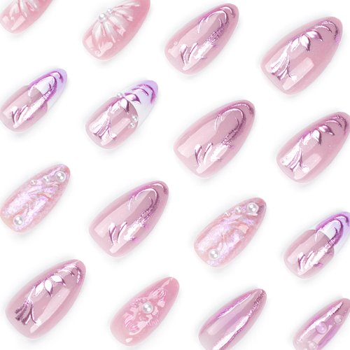Almond Press on Nails Medium Fake Nails Nude Pink Full Cover Stick on Nails with Flowers Pearls Designs Glossy False Nails 3D Nail Charms French Tip Nails for Women Girls 24 Pcs
