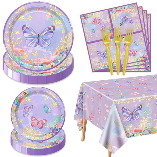 81 Pieces Butterfly Birthday Decorations - Purple Butterfly Party Decorations Butterfly Plates, Napkins and Flower Butterfly Tablecloth for Fairy Butterfly Birthday Party Supplies, Serve 20