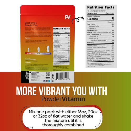 PowderVitamin Electrolytes Powder Plus, Keto, Strawberry Cucumber, Sugar Free, Pink Himalayan Salt, 1000mg Potassium, 120mg Calcium, 120mg Magnesium, Non-GMO, Zero Calories, (16 Hydration Packets)