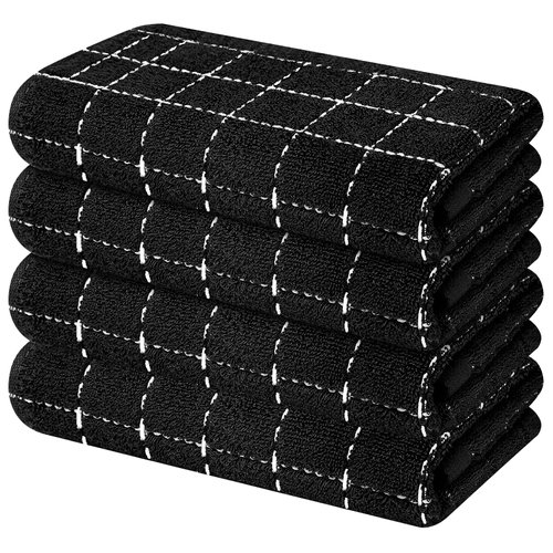 Mordimy 100% Cotton Terry Cloth Kitchen Towels, Super Soft and Absorbent Dish Towels for Drying, Checkered Designed Hand Towels for Kitchen, 16 x 26 Inches, 4 Pack, Black