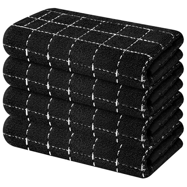 Mordimy 100% Cotton Terry Cloth Kitchen Towels, Super Soft and Absorbent Dish Towels for Drying, Checkered Designed Hand Towels for Kitchen, 16 x 26 Inches, 4 Pack, Black