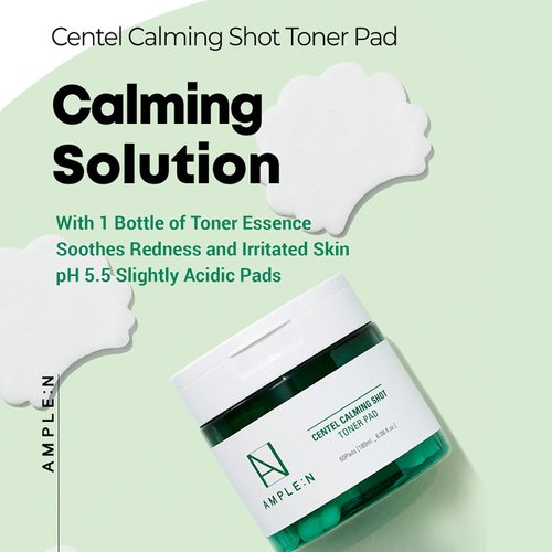 Pore Minimizing and Redness Relief Soothing Toner Pads, Face Exfoliant with Centella Asiatica Extract and Bamboo Extract – AMPLE:N Centel Calming Shot Toner Pad 60 Sheet 100ml (3.38 fl.oz.)