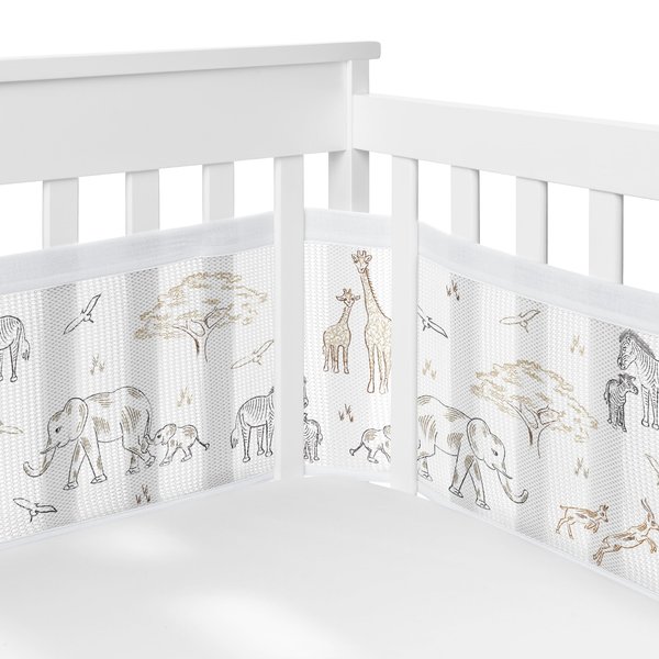 Sweet Jojo Designs + BreathableBaby Jungle Safari Animals Boy Girl Gender Neutral Breathable Mesh Crib Liner Anti-Bumper Baby Infant Animal Giraffe Adventure Elephants Beige Brown Taupe Black White