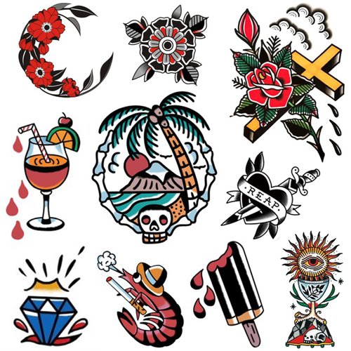 PUSNMI Vintage Temporary Tattoo for Men Women Cool Skull Tattoo Beach Rose Flower Tattoos Cross Sun Traditional Tattoo Long Lasting Fake Tattoos Face Temporary Tattoos for Arm Leg Wrist Chest
