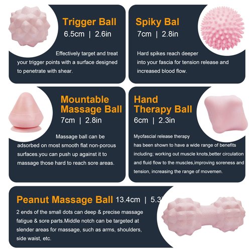 Massage Ball Set for Myofascial Trigger Point Release & Deep Tissue Massage,2 Spiky Balls Firm/Soft, Peanut Ball，Mountable Self Ball，Hand Roller Ball for Back