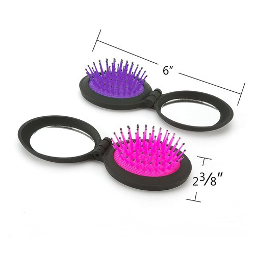 NuAngela Mini Hairbrush, Folding Hair Brush With Mirror Set, Compact Pocket Size, Travel Pop Up Hair Comb, Easy Keep in Purse, Gym Car Bag (Purple Pink)
