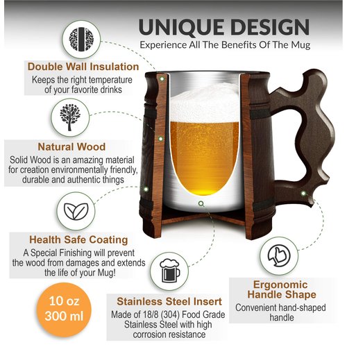 MyFancyCraft Gifts for Men Handmade Beer Mug Oak Wood Stainless Steel Cup Box Natural 0.3L 10oz Classic Brown