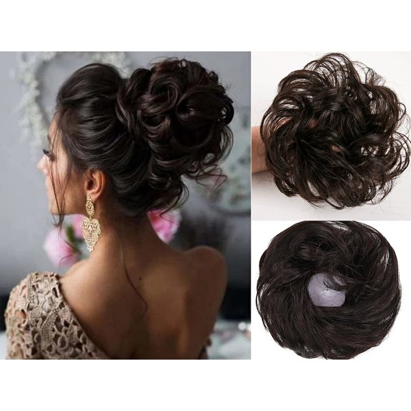 ZMVA 100 Human Hair Messy Bun Curly Drawstring Hair Scrunchie Girls Magic Wave Shaper Wedding Donut Hair Ring Daily Hair Bun Lady Styling Tool Hair Accessories for Women (Black Brown) (hmcr0003)