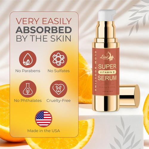 Live Healthy Super Vitamin C Serum - Natural Vitamin C Face Serum - Anti Aging & Brightening for Wrinkles, Fine Lines, Age Spots, Dark Circles, Pore Reducing Serum - Made in USA - 1 fl. oz