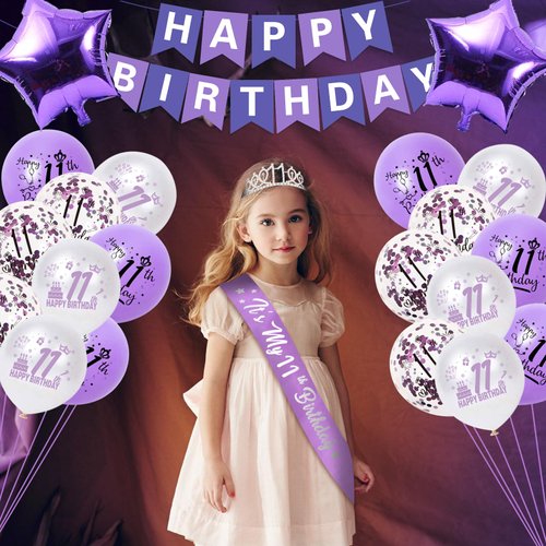 Purple 11th Birthday Decorations for Girls, Includes Happy Birthday Banner, Balloons, Silver Crown, Lavender Glitter 11 Year Old Cake Topper and It’s my 11th Birthday Sash, 11th Birthday Gifts