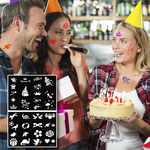 PPVWEY 694pcs Temporary Tattoo Stencils for Kids, Glitter Tattoo Template for Girls Boys Face Body Paint Stencil 16 Sheets Animal Flower Butterfly Reusable Tattooing Party Favor Supplies (Black)