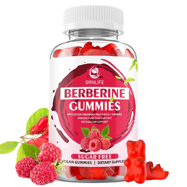 GrnLife Berberine Gummies with Ceylon Cinnamon 1500mg High Potency Berberine HCL Supplement for Immune and Metabolism Support, Sugar Free, Raspberry Flavor - 60 Count
