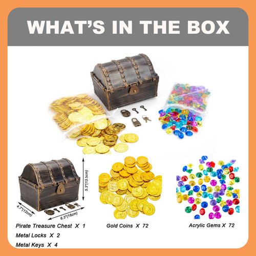 AiFanS Treasure Chest for Kids Prizes,Plastic Treasure Chest with 288 Treasure Gold Coins and Gems,Jewels- Perfect for Pirate Themed Parties and Games