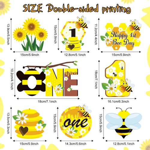 Lnlofen 8Pcs Bumble Bee Birthday Party Decorations Honeycomb Centerpieces, Happy 1st Bee Day Birthday Themed Table Centerpiece Toppers Party Supplies, Honey Bee Birthday Party Table Sign Decor