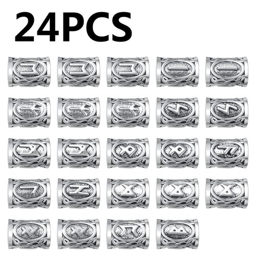 24pcs Mixed Vikings Runes Beads Hair Beard Beads Antique Silver Dreadlocks Beads Hair Tube Beads for Hair Braiding Bracelet Pendant Necklace DIY Jewelry