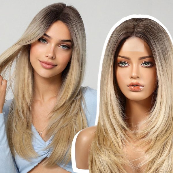 EMMOR Long Layered Wigs,Natural Central Lace Bob, Premium Heat-Resistant Synthetic Straight Wigs for Women Daily Use(Ombre Light Blonde with Brown Highlight)