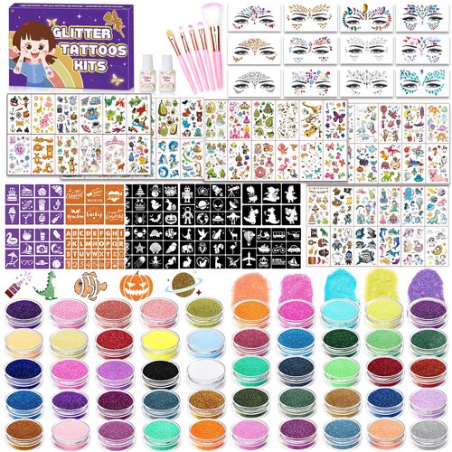 TEUVO Kids Glitter Tattoo Kit with 50 Colors Glitter, 128 Stencils, 12 Face Jewel Stickers, 5 Brushes, 2 Glue, 300+ Mixed Style Temporary Tattoos Stickers for Halloween Christmas Birthday Carnival