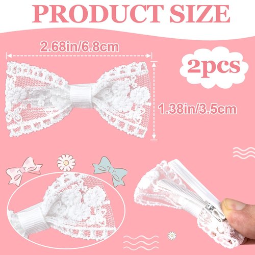 CustomyLife 2pcs 3" White Lace Hair Bow Clips Small Cute Candy Barrettes Flower Halloween Christmas Wedding Prom Bows Birthday Communion Party Decor Accessory for Women Teen Thin Hair