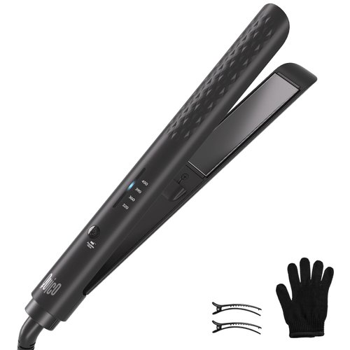 Quico Hair Straightener, Professional Negative Ion Flat Iron Hair Straightener, 15s Fast Heating, Temp Memory, 320℉-450℉, 110-240V, Auto-Off, with Glove and Clips, Gift, Black
